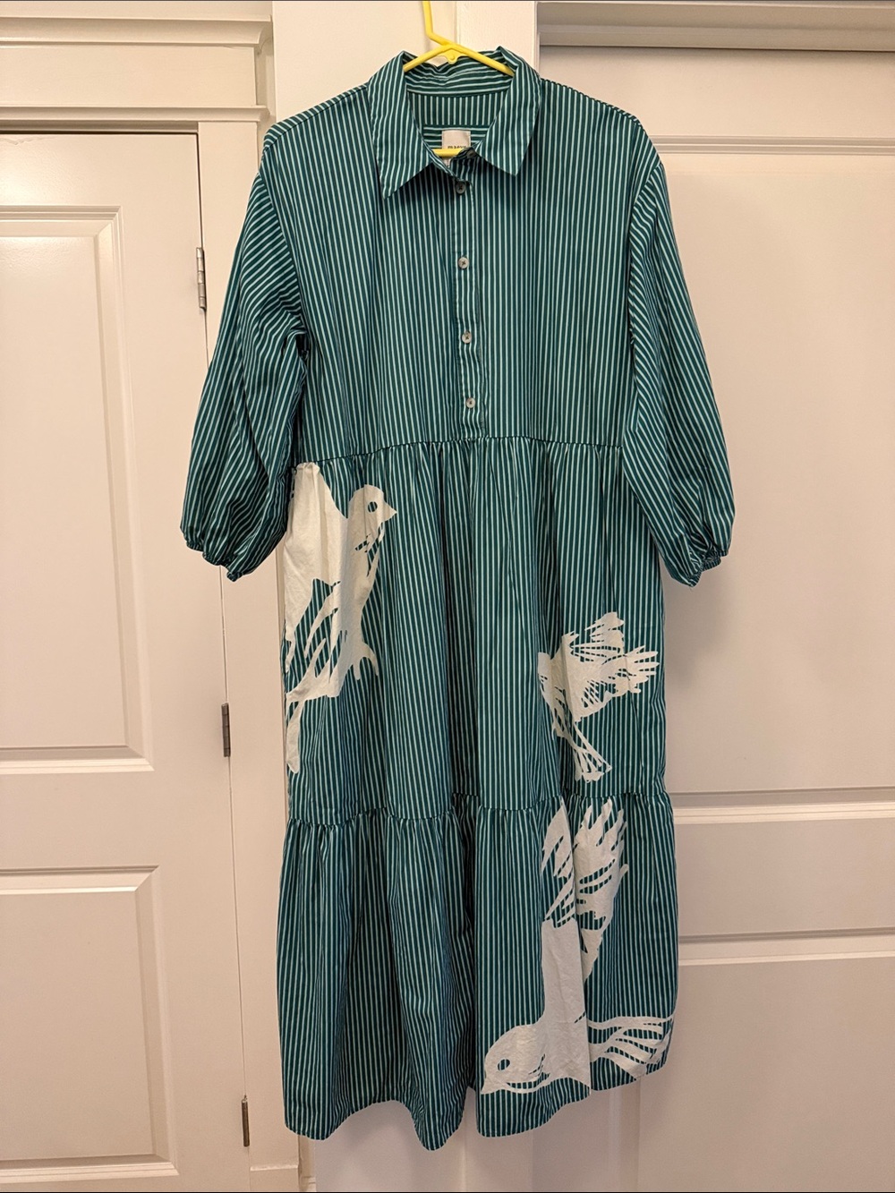 Maeve Striped Cotton Button-Front Tiered Dress with White Bird Motif